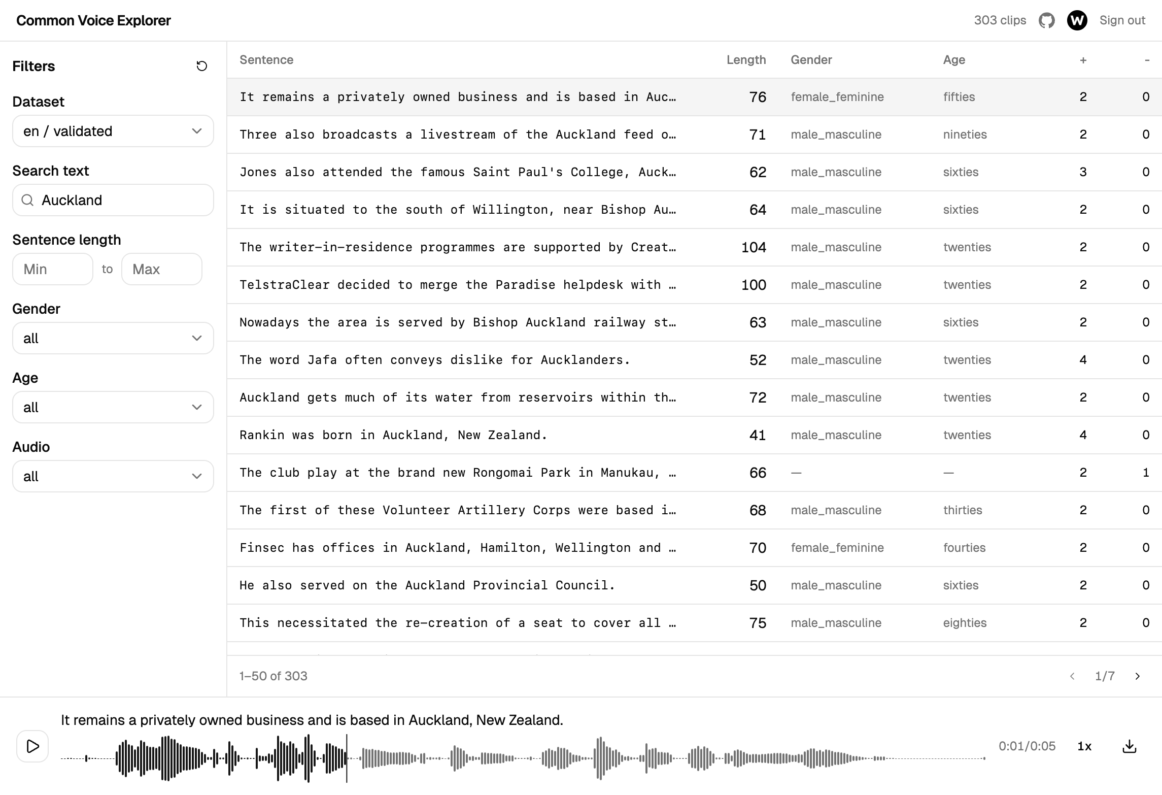 Common Voice Explorer — search, filter, and listen to clips right in the browser