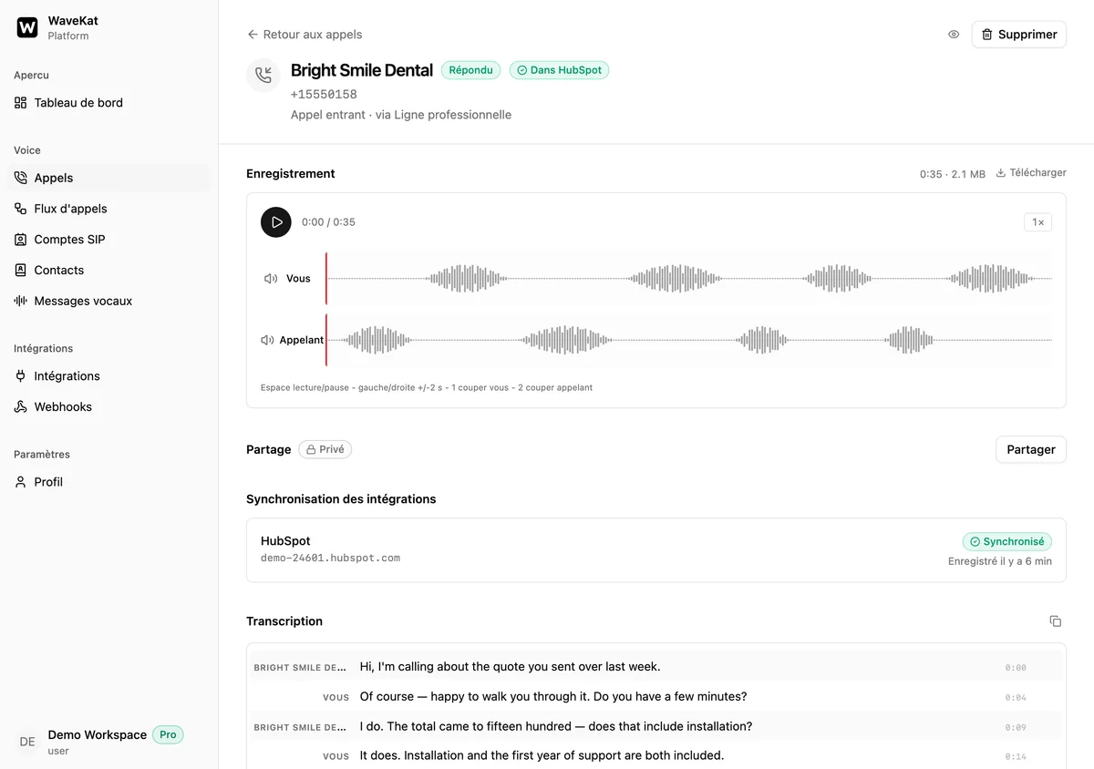 Un appel terminé dans WaveKat sur le web — le badge « Dans HubSpot » à côté du nom de l’appelant, l’enregistrement à deux pistes en dessous, puis une ligne de synchronisation nommant le compte HubSpot où il a été consigné.