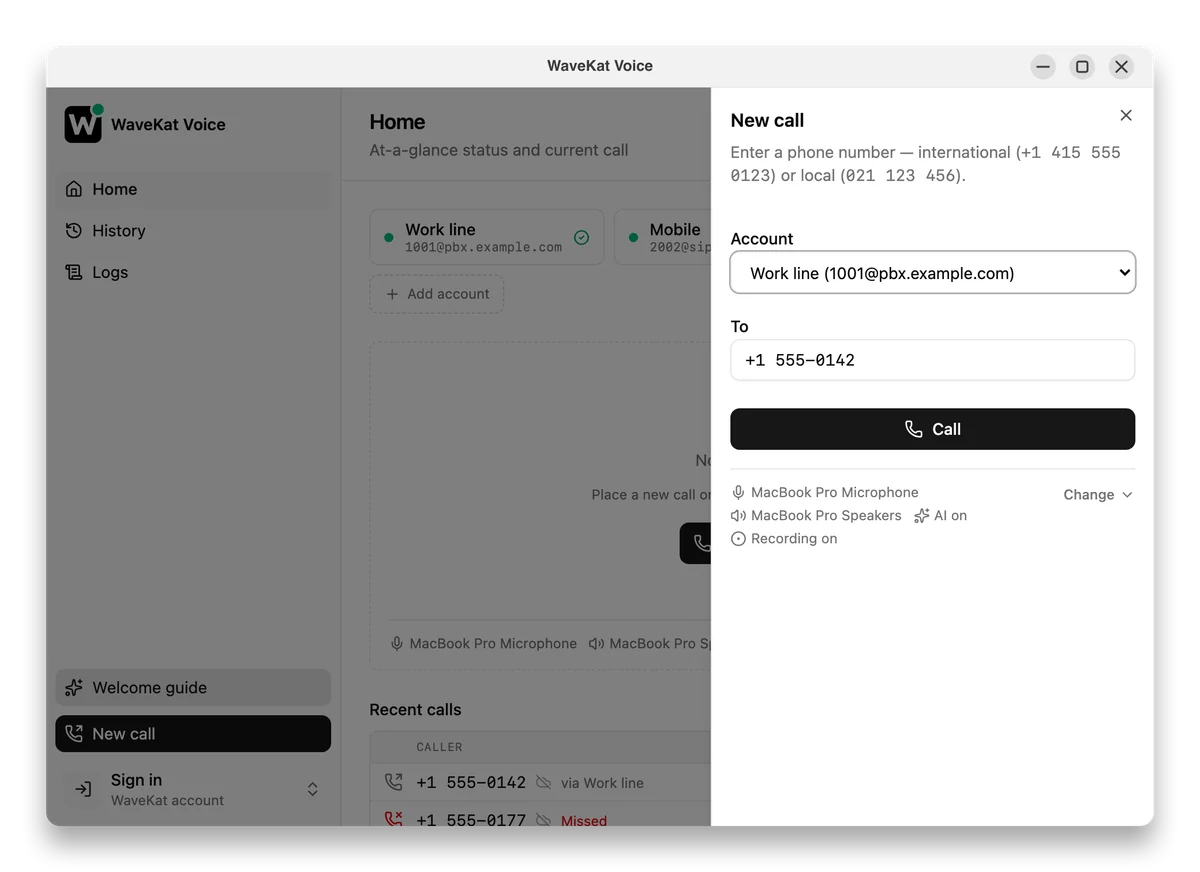 WaveKat Voice on Ubuntu — the New Call sheet open with a phone number already filled in, ready to dial.