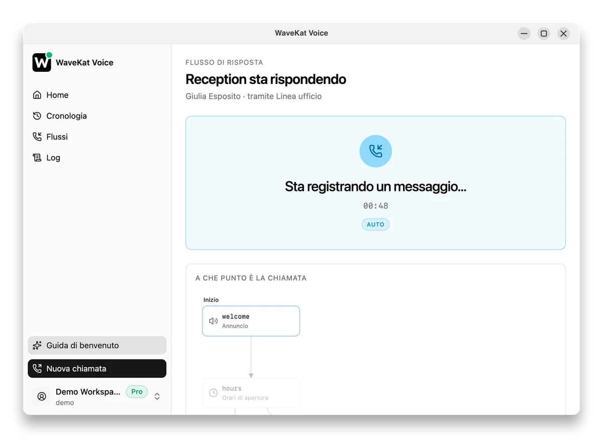 WaveKat Voice su Ubuntu — una chiamata a cui risponde un flusso: «Reception sta rispondendo», con «Sta registrando un messaggio…» e il nome di chi chiama.