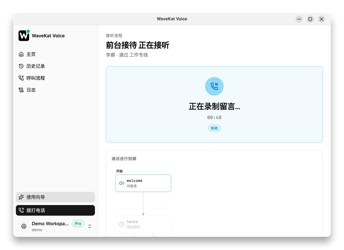 Ubuntu 上的 WaveKat Voice —— 一通由流程接听的电话:「前台接待 正在接听」,下方显示「正在录留言……」和来电者的名字。