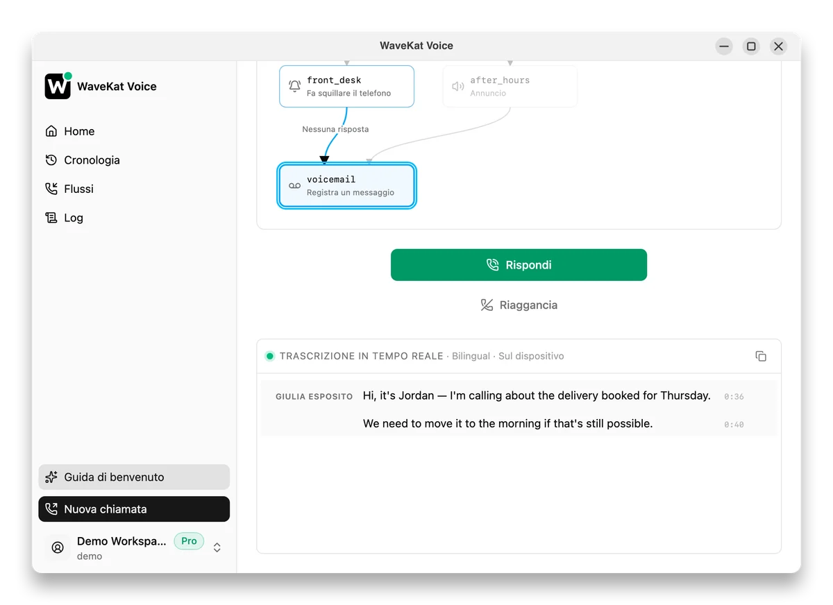 WaveKat Voice mentre un flusso di chiamata prende un messaggio, con la trascrizione dal vivo e un pulsante per rispondere