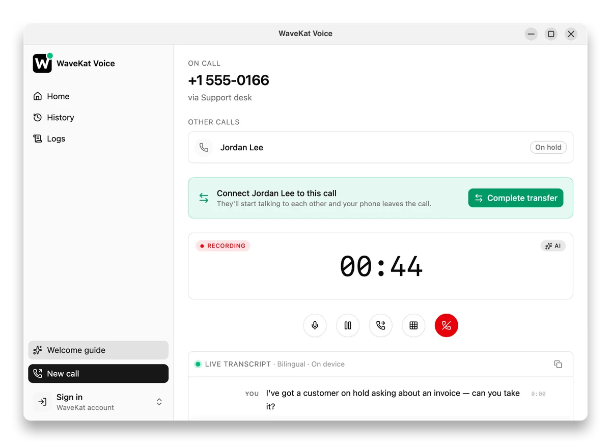 WaveKat Voice on Ubuntu — an attended transfer: the caller on hold and a Complete transfer button to connect them.