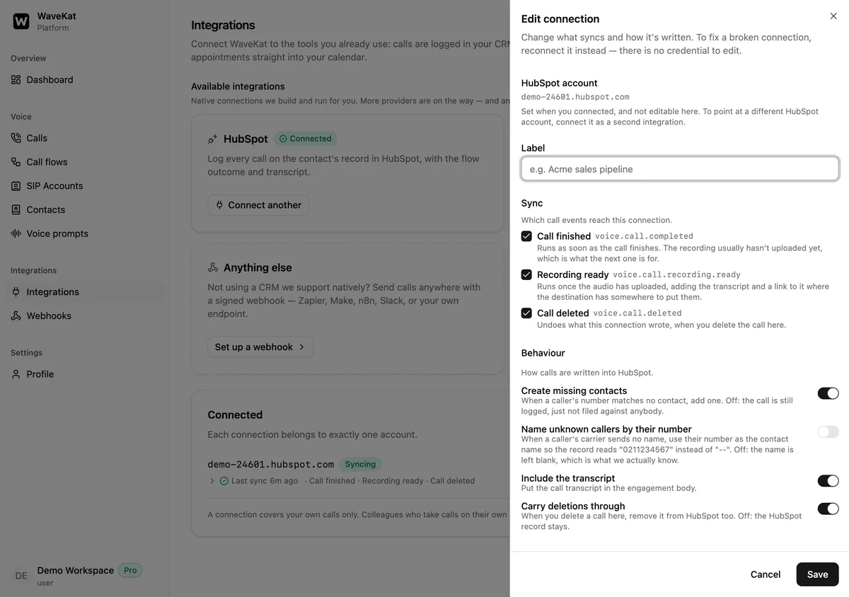 The connection's settings panel on the web — which call events reach HubSpot, and switches for creating missing contacts, naming unknown callers by their number, including the transcript, and carrying deletions through.