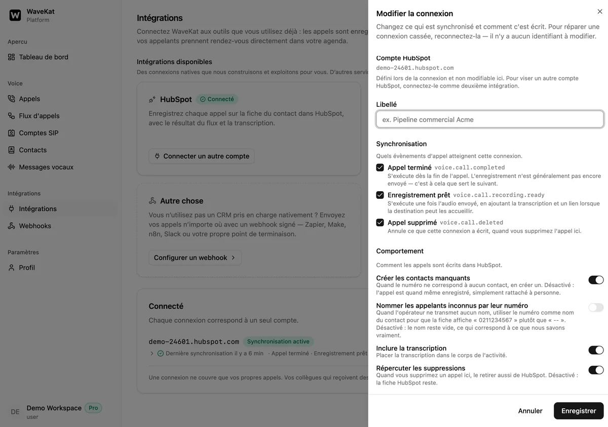 Le panneau de réglages de la connexion sur le web — quels événements d’appel atteignent HubSpot, et les interrupteurs « Créer les contacts manquants », « Nommer les appelants inconnus par leur numéro », « Inclure la transcription » et « Répercuter les suppressions ».