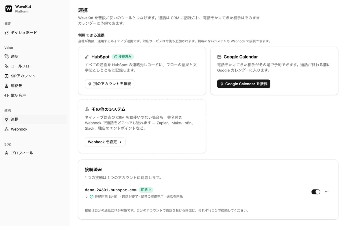 ウェブ版 WaveKat の「連携」ページ——利用できる連携のなかで HubSpot が「接続済み」と表示され、その下に接続中のアカウントが「同期中」と数分前の最終同期を示している。