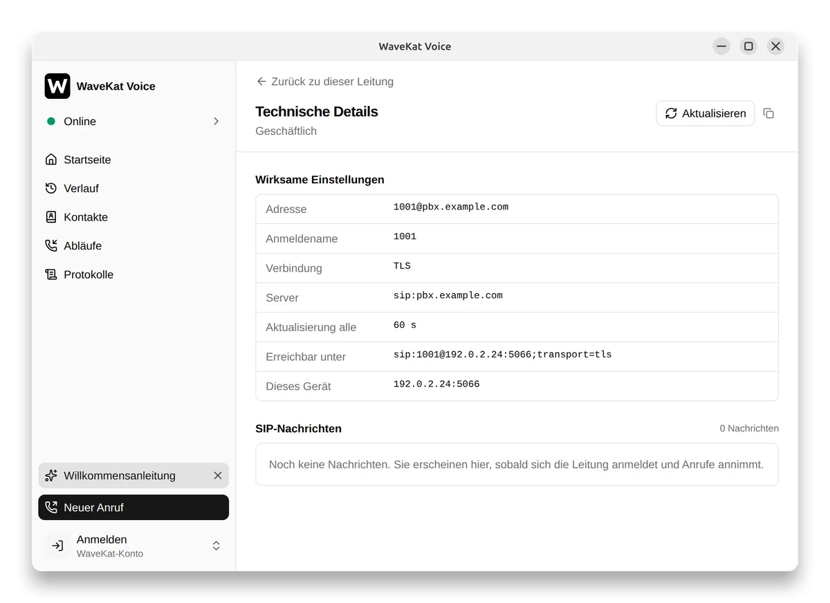 WaveKat Voice auf Ubuntu: die Seite Technische Details einer Leitung. Die aktive Verbindung ist TLS, das Gerät ist mit transport=tls erreichbar.