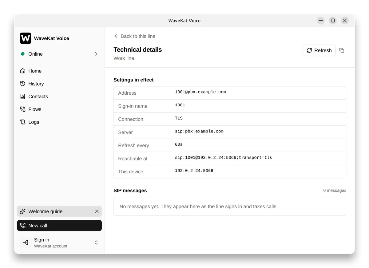 WaveKat Voice on Ubuntu — a line's Technical details page, showing the connection in effect is TLS and the device is reachable at transport=tls.