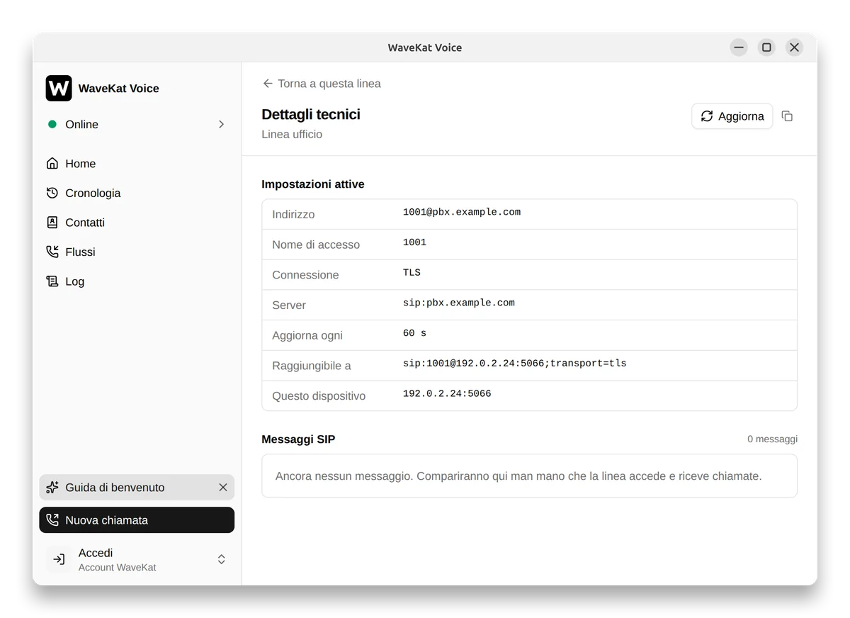 WaveKat Voice su Ubuntu: la pagina Dettagli tecnici di una linea, con la connessione attiva su TLS e il dispositivo raggiungibile con transport=tls.