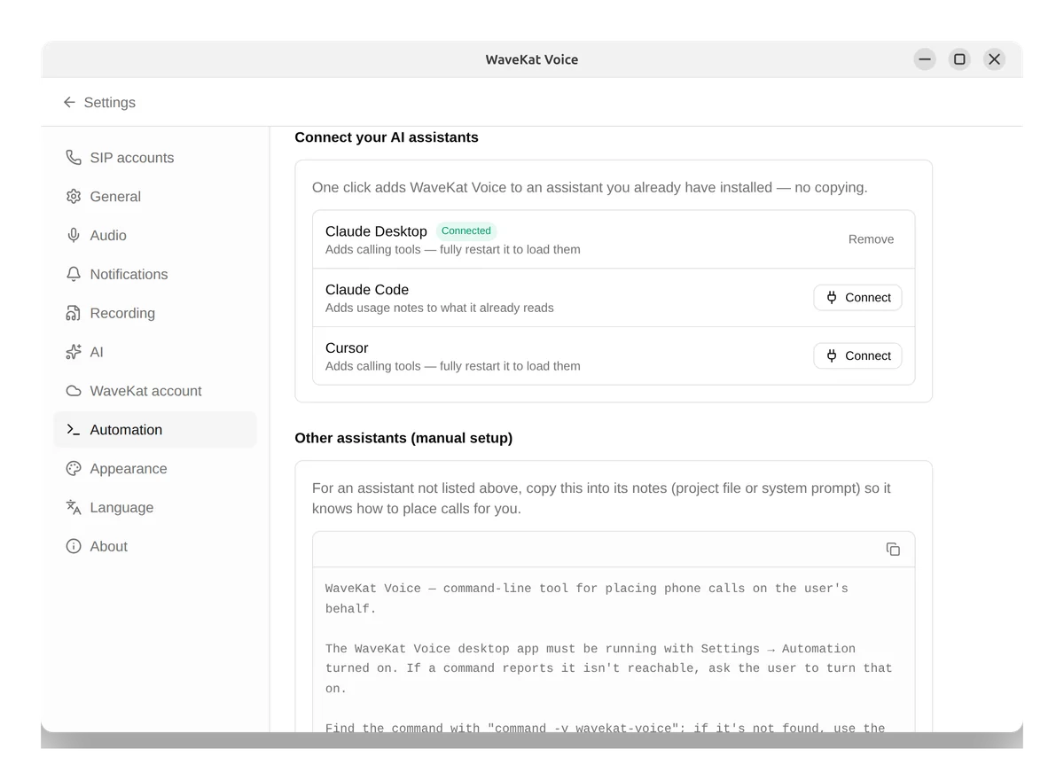 WaveKat Voice on Ubuntu — connecting AI assistants like Claude and Cursor, each with a one-click Connect button.