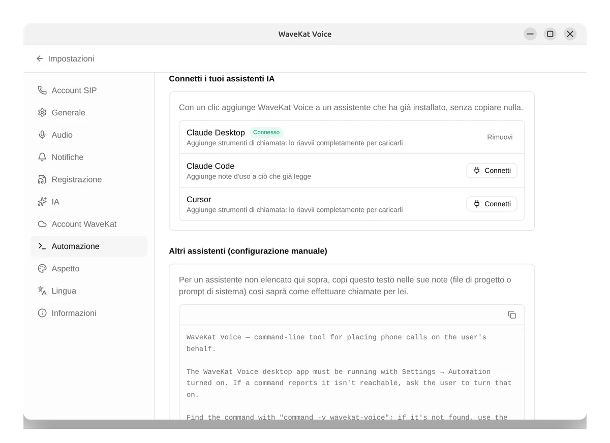 WaveKat Voice su Ubuntu — collegare assistenti AI come Claude e Cursor, ciascuno con un pulsante Connetti con un clic.
