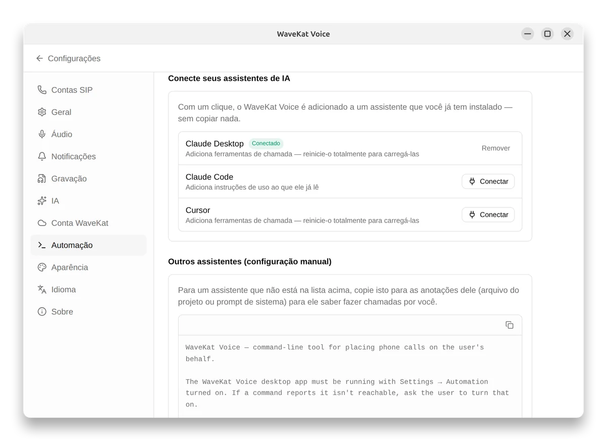 WaveKat Voice em Configurações → Automação, conectando assistentes de IA como Claude e Cursor com um botão “Conectar” de um clique.