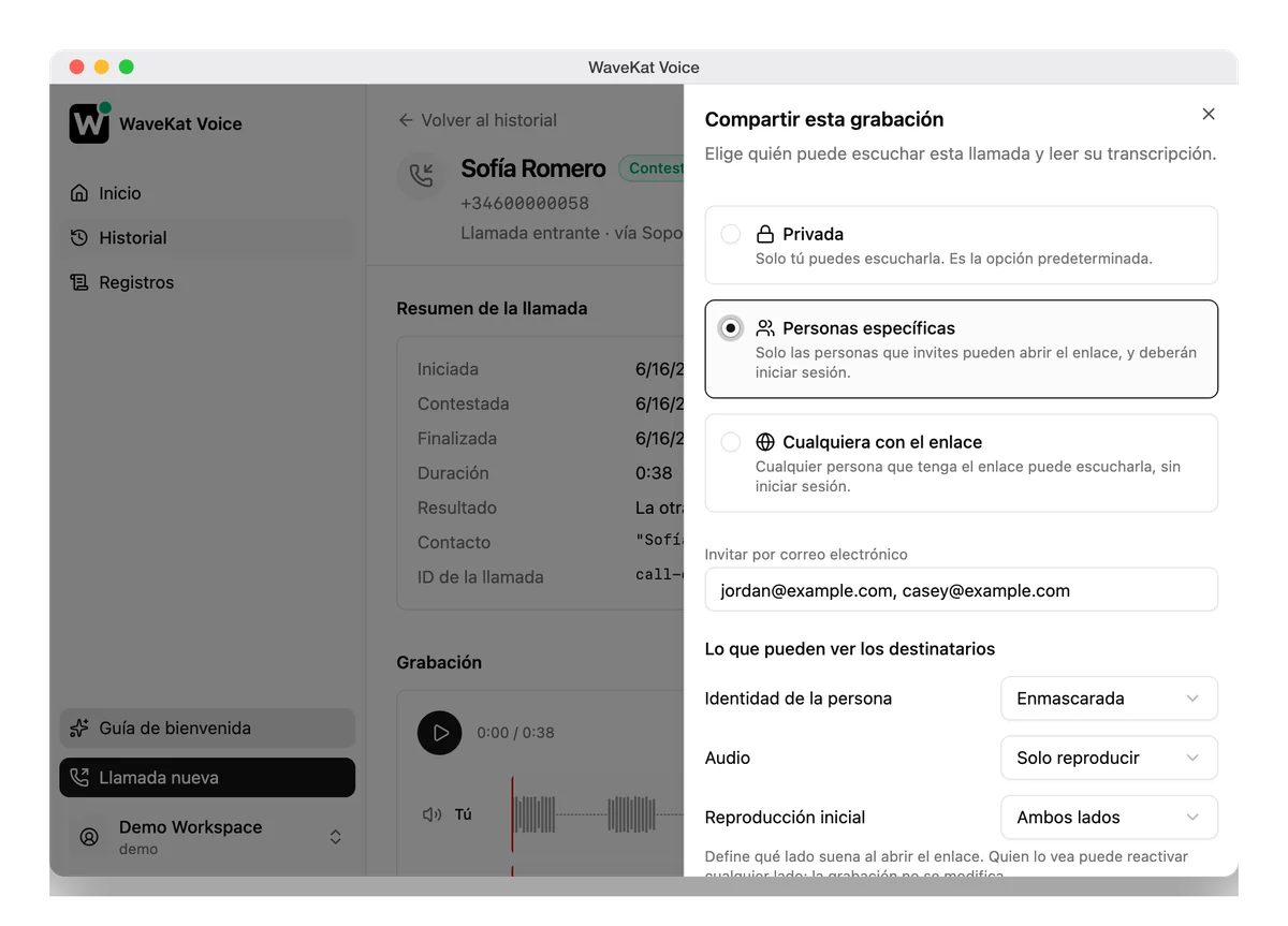 WaveKat Voice en Mac — el panel para compartir de una llamada grabada: los tres niveles de acceso, un campo de invitación y los controles de lo que pueden ver los destinatarios.